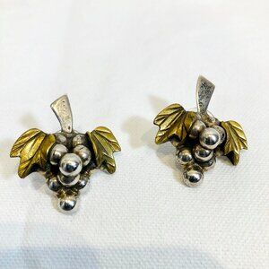 Taxco Mexico Sterling Silver Grape Earrings with Brass Leaves